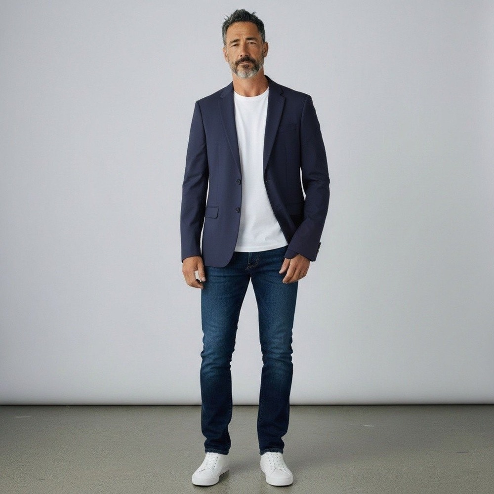 Egara Mens Skinny Fit Stretch Blazer Navy Blue Two Button Sport Coat 36R preppy